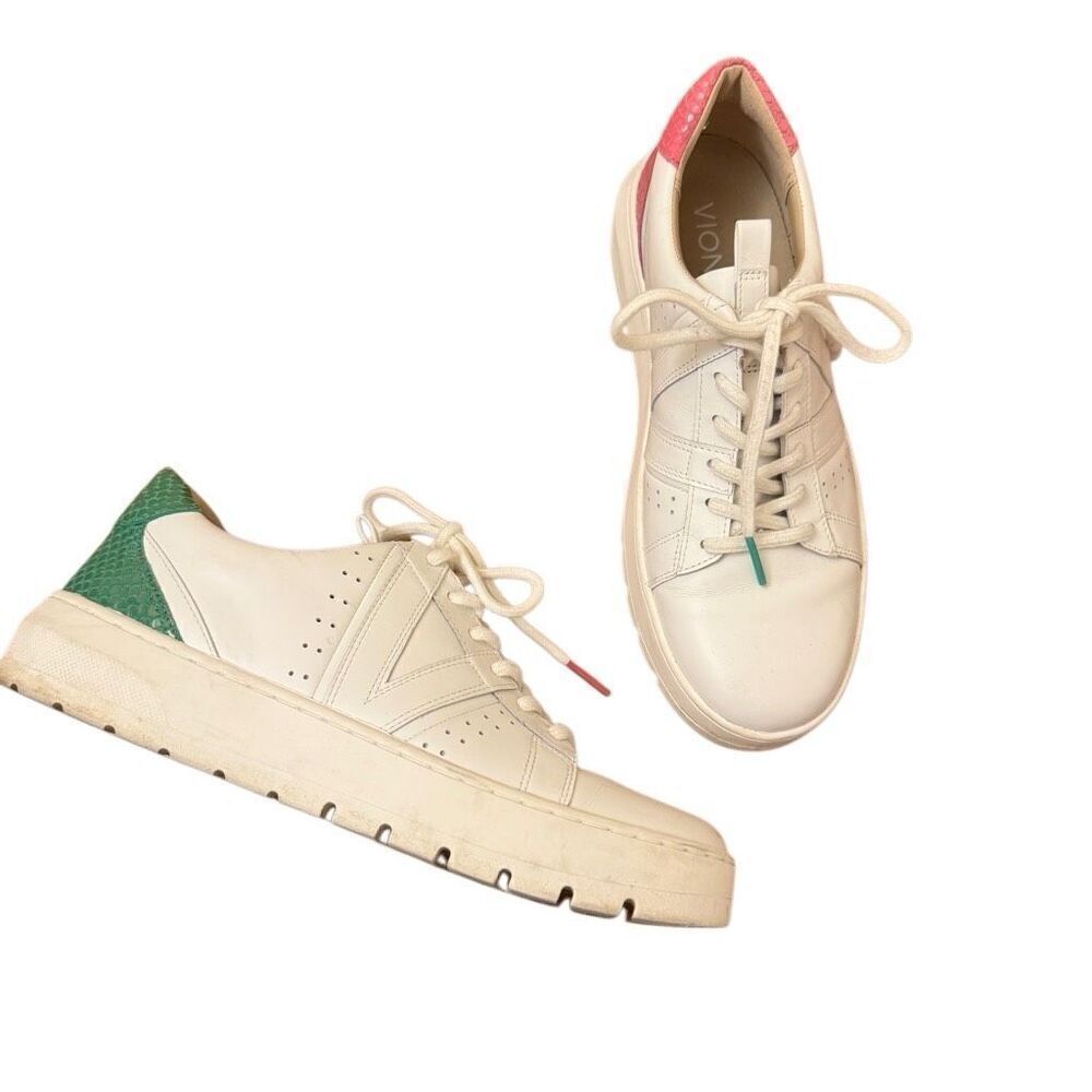 Vionic Simasa Abyss White Leather Sneakers Green Pink Lizard Accent Size 7